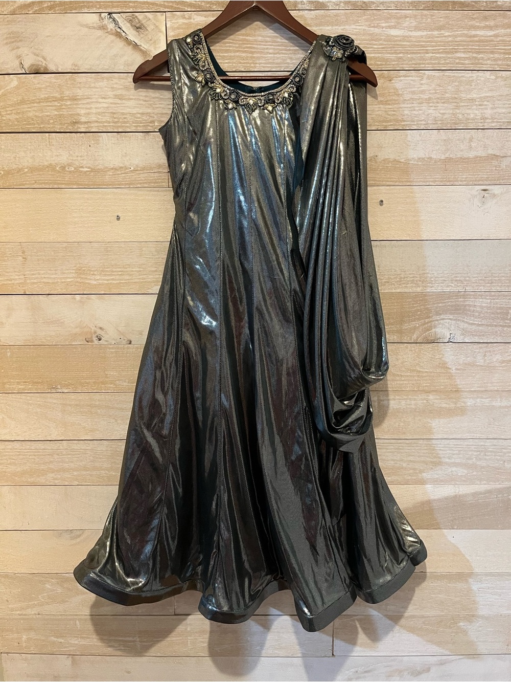 RepentMetallic Dress Gown Made in India Silver Evening Dress with Draped Shoulde